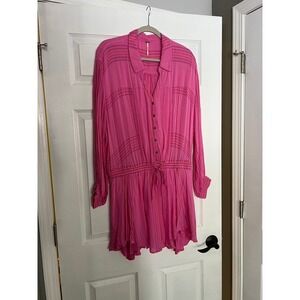 Free People Pink Button Down Mini Dress Drawstring Waist Size M Barbie Festival